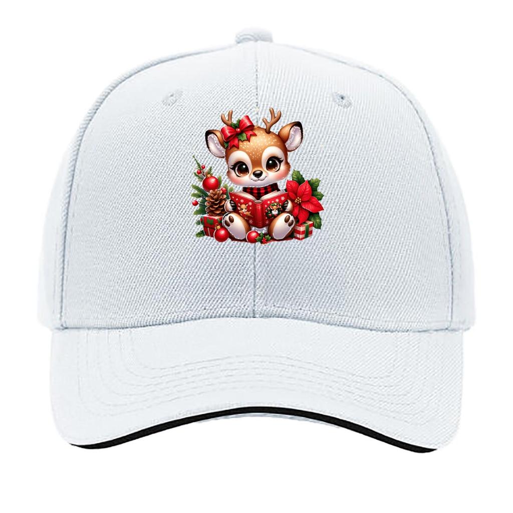 Cute Christmas Reindeer Reading Book Holly Poinsettia Gift Sandwich Baseball Cap Unisex Women Sun Cap Outdoor Workouts Hat