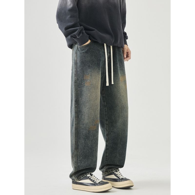 Wassup American Retro Distressed Gradient Washed Jeans Men's Casual Straight-Leg Versatile Long Pants for Teenagers
