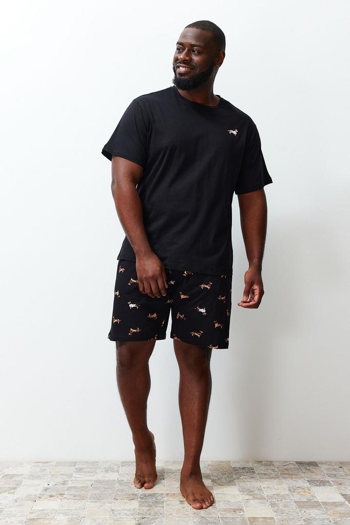 Herrenstil Übergröße Schwarz Bedruckter Übergröße Pyjama-Set mit Strickshorts