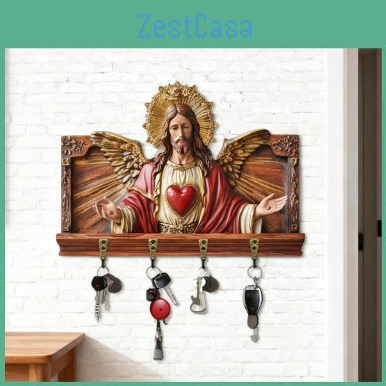 Wall Holder Key Mount Yousheng Wooden Carving Jesus Themed Key Organizer Multipurpose Home Office Entryway Decorative Key Hanger Rack
