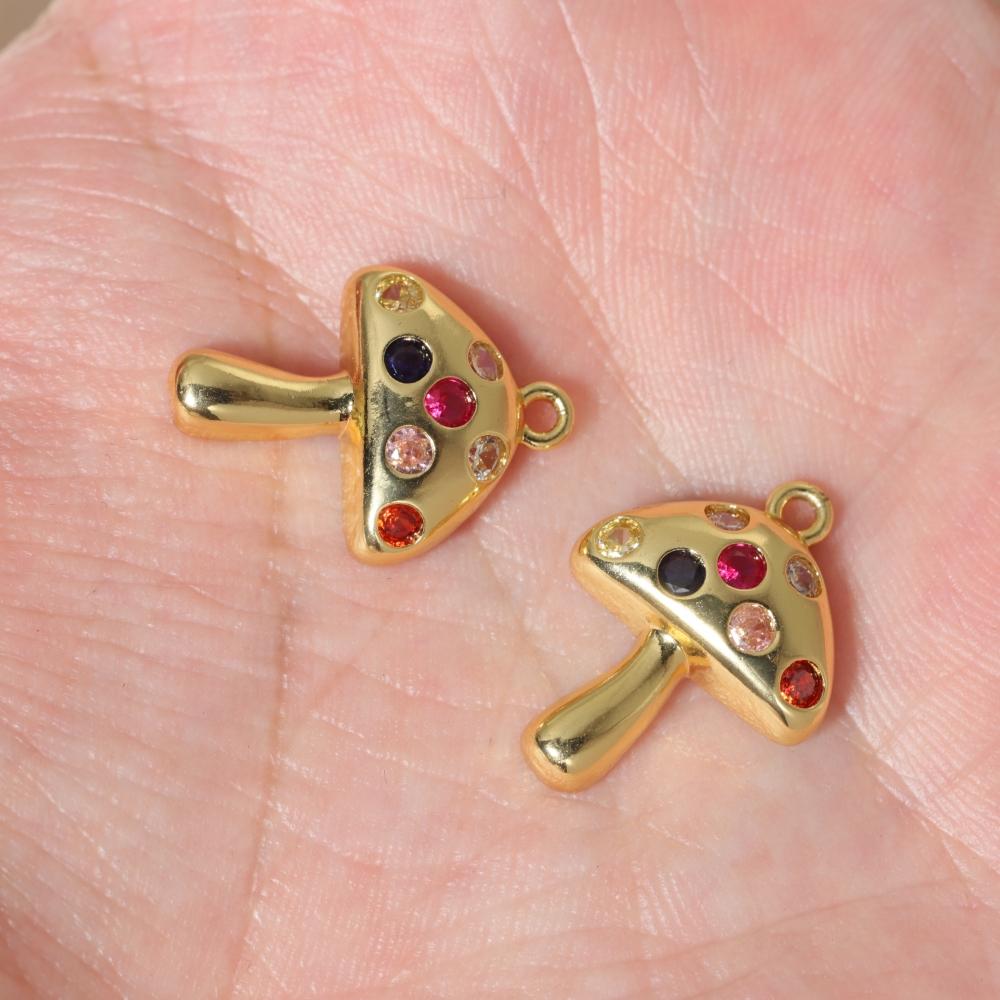 Multicolor Zirconia Mushroom Charms Golden Plated Copper Jewelry DIY Parts