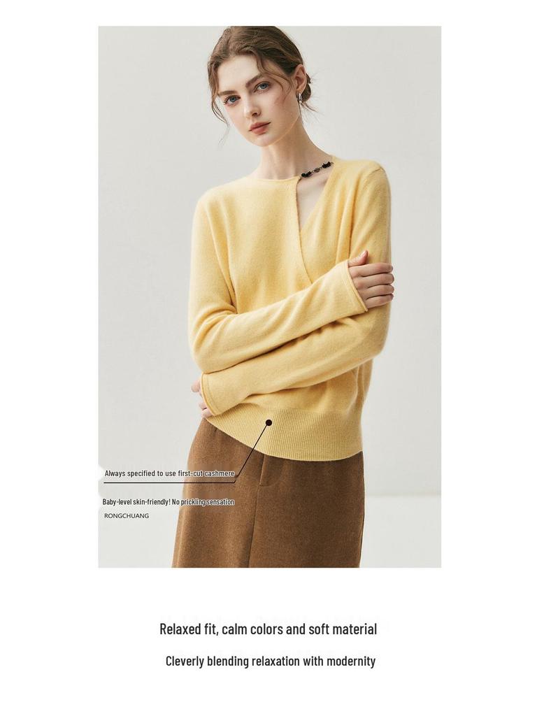 Women's Asymmetrical Cross-Collar Cashmere Sweater with Rolled Cuffs – Elegant Autumn/Winter Knitted Base Layer