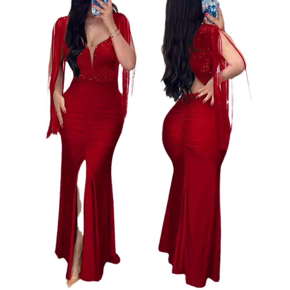 Cross-Border Fashion Sequin Bodycon Dress with Round Neck, Slit, Tassel Sleeves, and Ruched Design