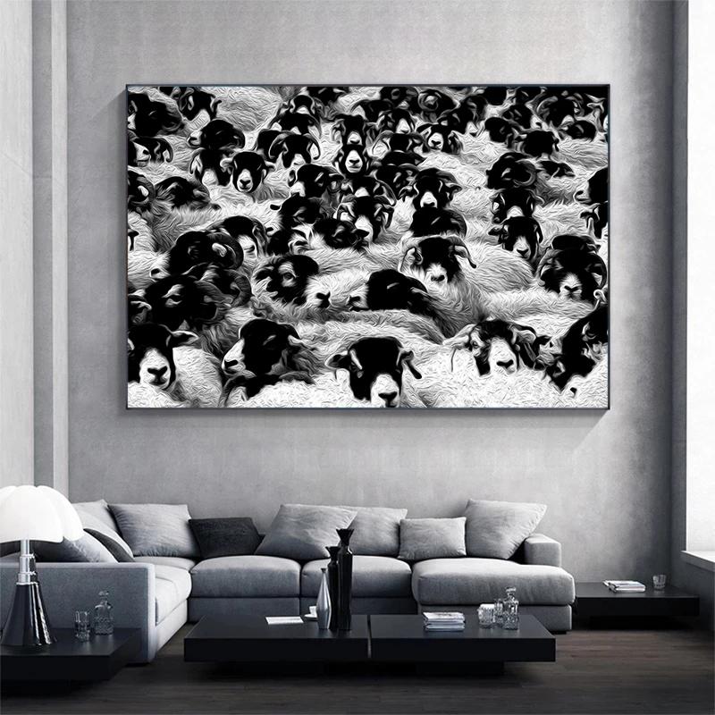 Sheep Black Sheep White Sheep With Bow Tie Posters and Prints Canvas Painting Wall Art Pictures Home Room Modern Travel Decor