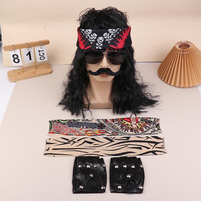 70er 80er Rocker Kostüm Heavy Metal Männer Frauen Perücke mit Bandana Sonnenbrille Halskette Party Bekleidung