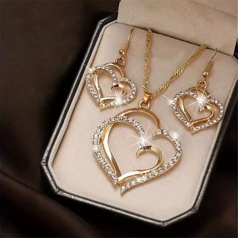 Ladies' Fashion Design Sense Peach Heart Inlaid with Rhinestones Necklace Earrings Zircon Set Wedding Party Holiday Gift