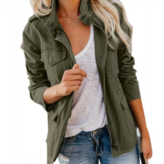 Versatile Women Jacket Solid Color Long Sleeve Lapel Coat Boyfriend Style Outerwear with Multiple Pockets