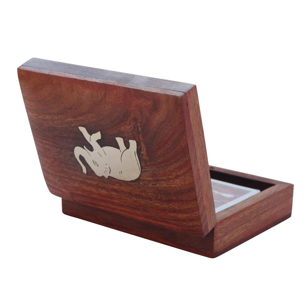 Shriji Crafts Wooden Playing Card Deck Holder Box with Elephant Design