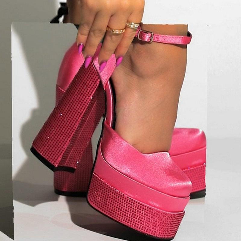 Fashion 2025 New High-Heeled Waterproof Table One-Line Buckle Rhinestone Banquet Ladies Satin Sandals Plus-Size Fashion Runway