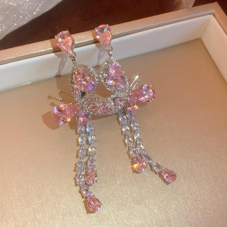 Silver Needle Butterfly Zircon Water Drop Tassel Earrings: Luxurious High-End Studs with Fashionable Precision