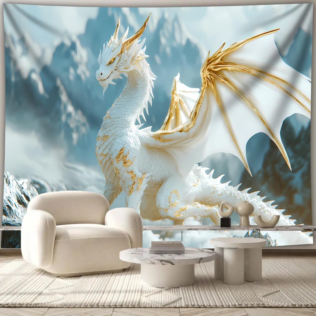 White Dragon Tapestry  Majestic Fantasy Creature with Golden Accents for Mythical Home Decor Perfect Wall Art for Living Room