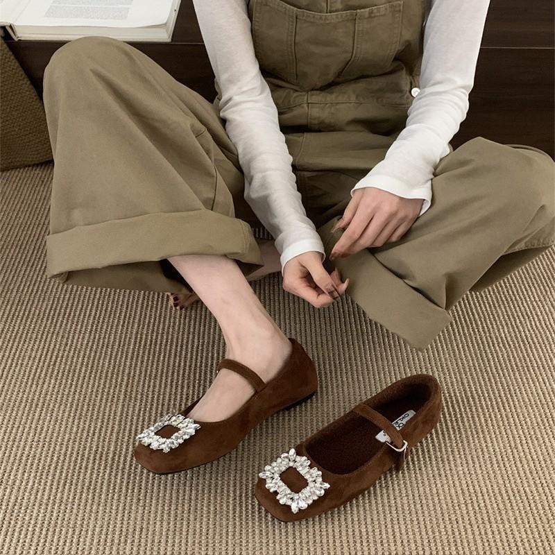 Flat bottom retro suede square head single shoes women's shoes new thin velvet Mary Jane wear commuter shoes