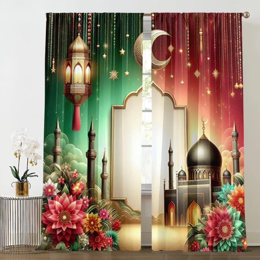 2PCS Red Green Contrasting Islamic Curtains   Gorgeous Style   Bedroom and Living Room   Decorative Curtains with Drawbar Pockets