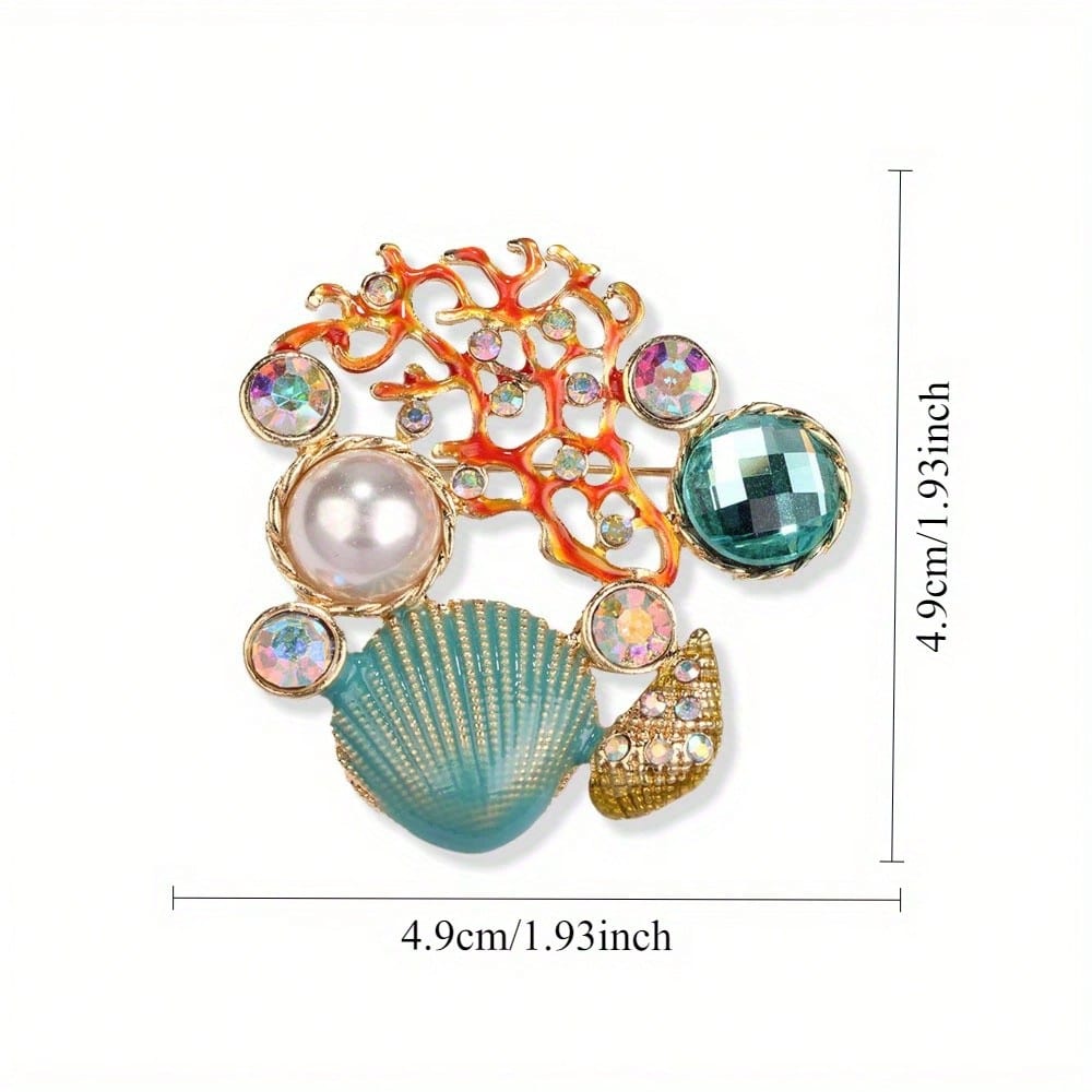 Vintage Gold-Tone Ocean Theme Brooch - Coral, Shells, Pearl & Crystals, Nautical Design, for Beach Style & Lovers, Ideal Gift