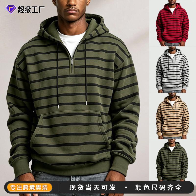 Mens Striped Zip Hoodie Loose Fit Long Sleeve Casual Sweatshirt Fall Winter