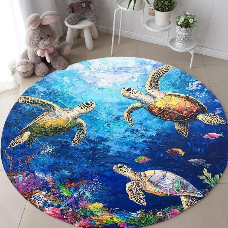 Underwater World Round Rug Ocean Theme Turtle Print Colorful Coral Pattern Carpet Art Illustration Non-Slip Kid's Room Floormat