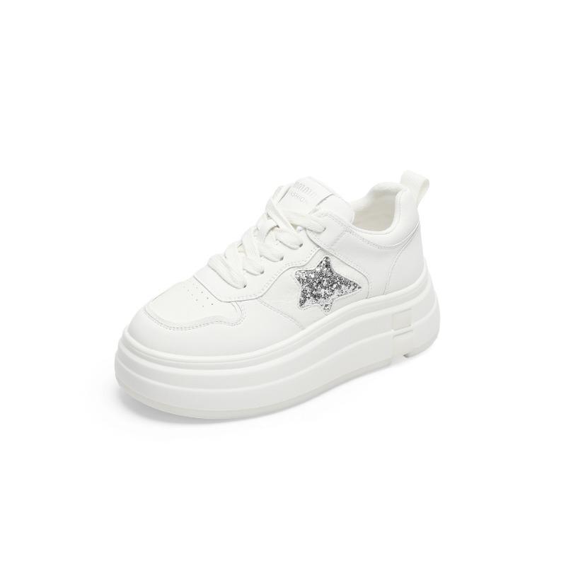 Star Board Shoes Women's Spring New Leather Breathable Comfortable Non-slip Heightening Thick-soled White Shoes