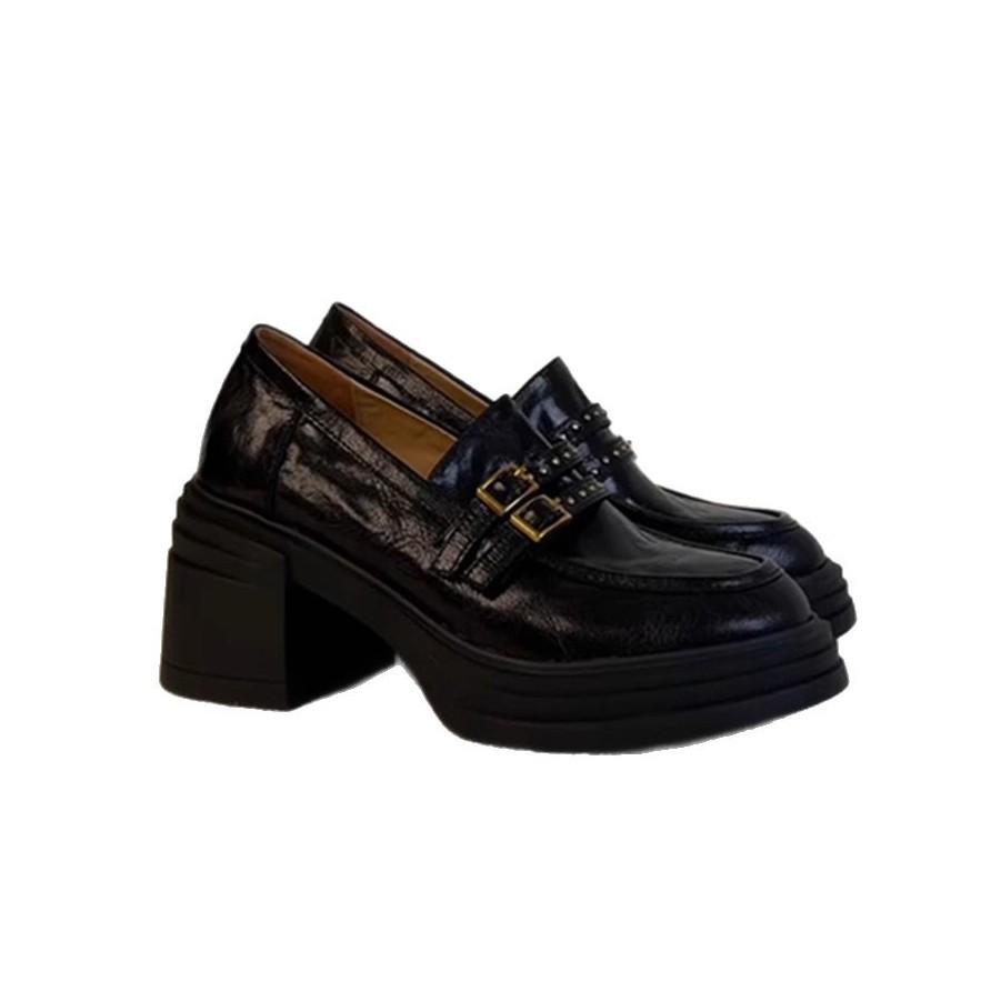 Sheepskin version~ High-heeled loafers, women's belt buckle, genuine leather, black small leather shoes, one pedal waterproof platform platform single