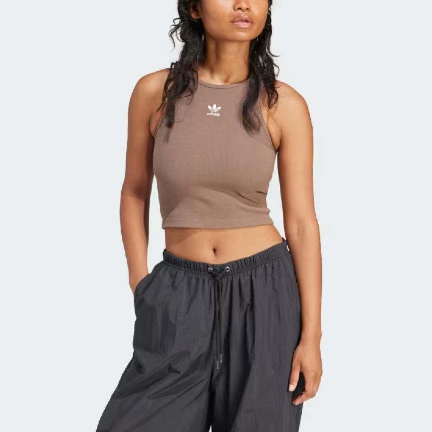 Adidas Originals Essentials Ribbed Tank Top With Logo Women Tops Brown IR5931