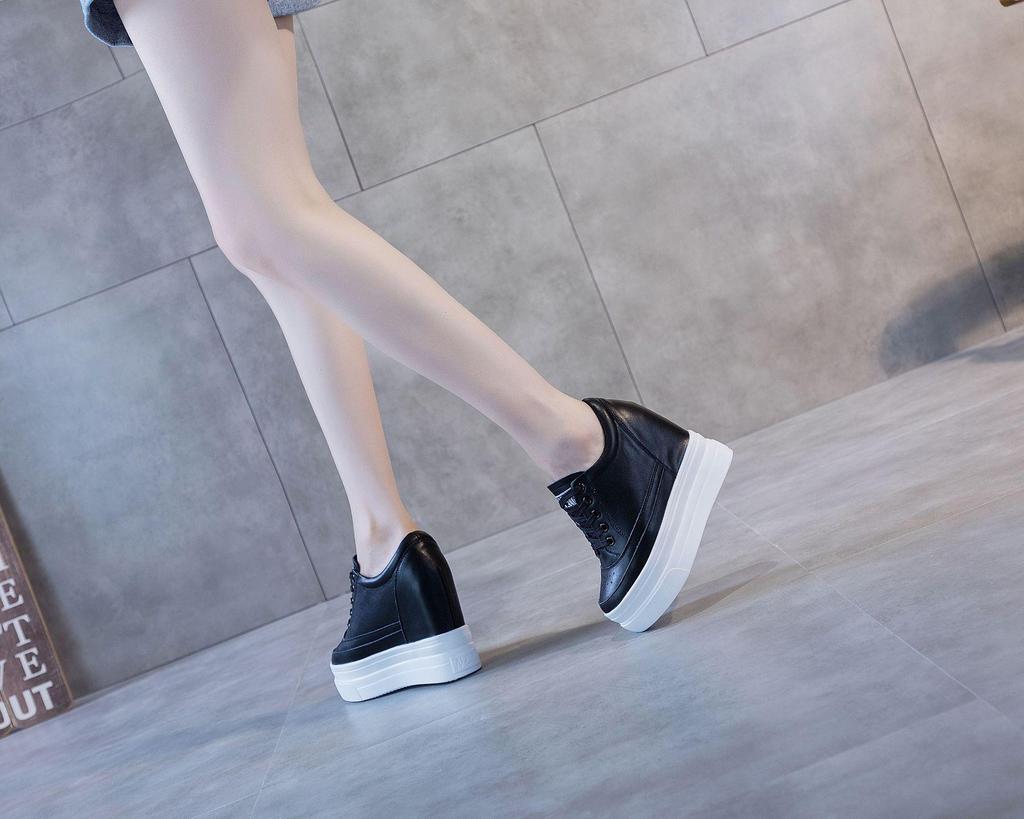 2025 Spring/Autumn Breathable Women's 11cm Height-Increasing Hollow Leather Thick-Soled Casual Black Shoes