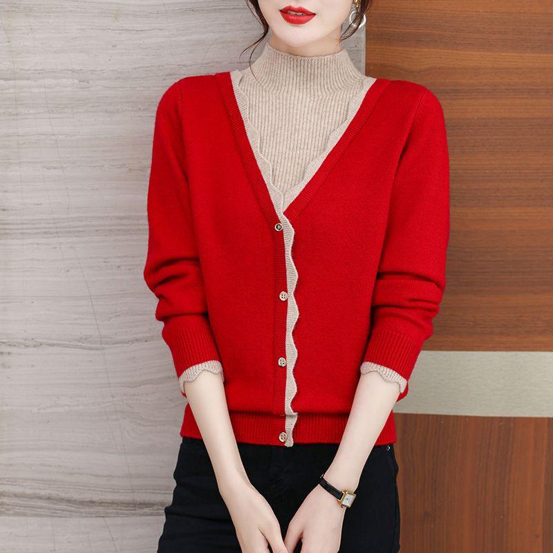 

Шикарный вязаный свитер-двойка из искусственной пряжи - с воротником-стойкой, длинными рукавами, пуловер свободного кроя с геометрическим узором для женщин - Идеально для осени/зимы 3XL