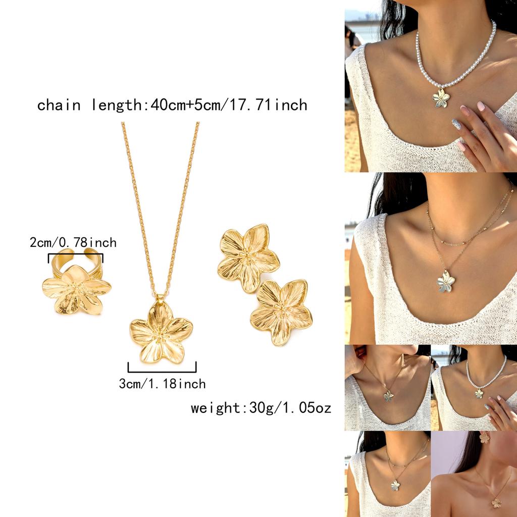 Elegant Gold Flower Pendant Necklace And Earrings Set For Office Women