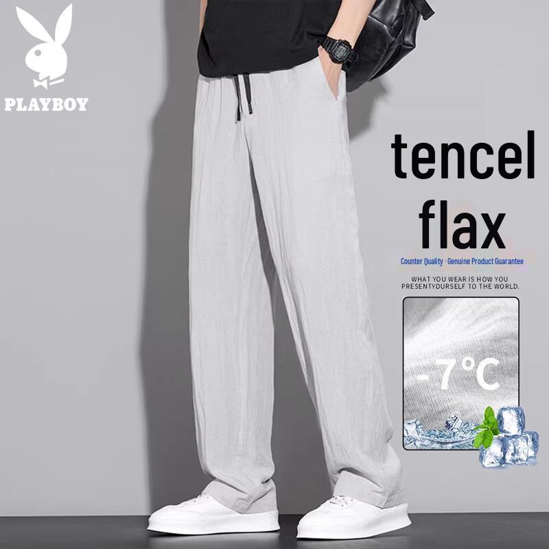 Playboy Men s Ice Silk Linen Blend Loose Straight Casual Pants 4XL