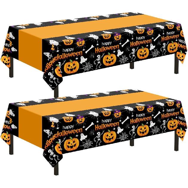 Childom 2 Pack Halloween Tablecloth,Halloween Decorations 54x108 Inch Disposable Plastic Table Cover for Rectangle,Pumpkin Spider Web Ghost Table