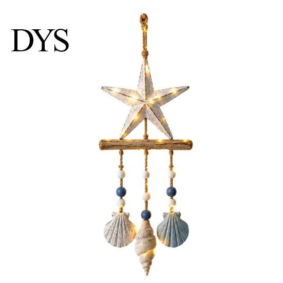 Jute Rope Wall Hanging Lighted Coastal Wooden Ornament, Nautical Fish Shell Starfish Sign with Handmade Beach Vibe Art Warm LED Lights, House
