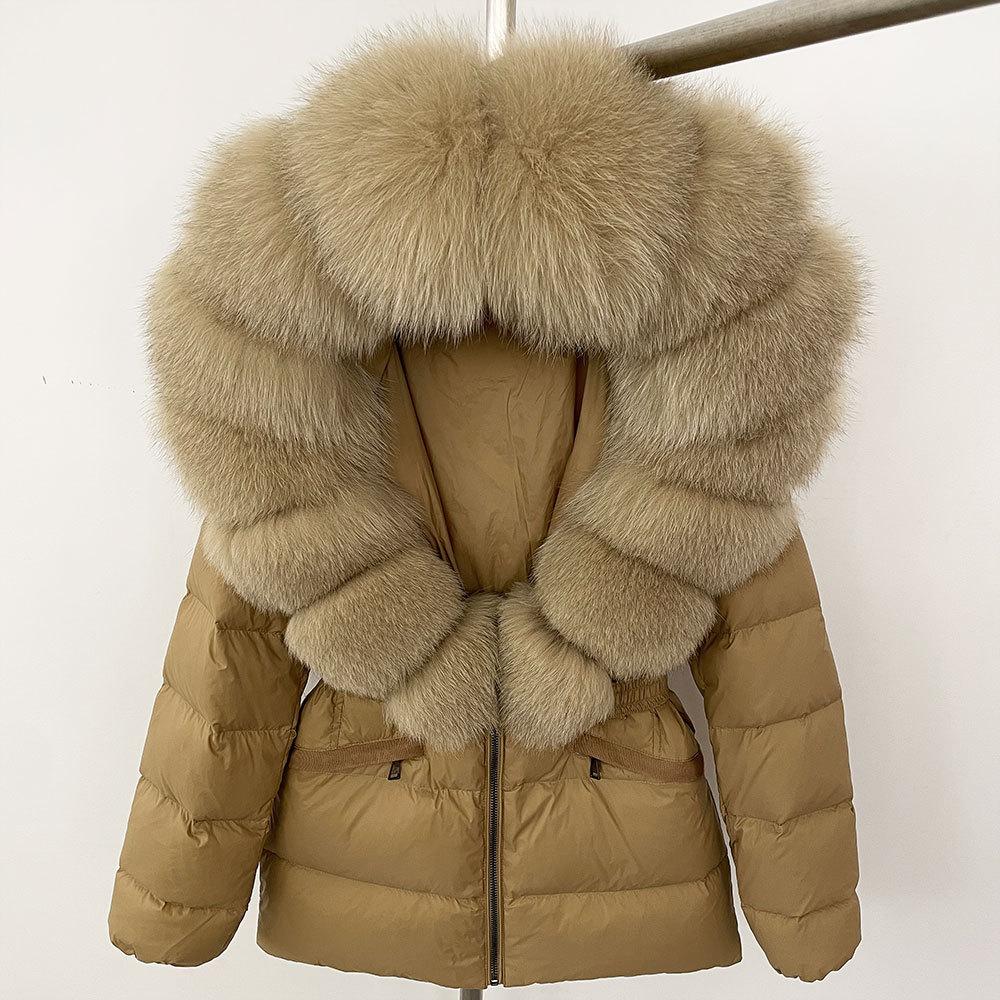 Winter new popular women's natural real fox fur collar white duck down jacket thickened waist slim down jacket