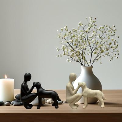 Man and Dog Statue Sculpture Tabletop Resin Elegant Ornament Dog Lover Friendship Figurine for Apartment Cafe Bookshelf Decor