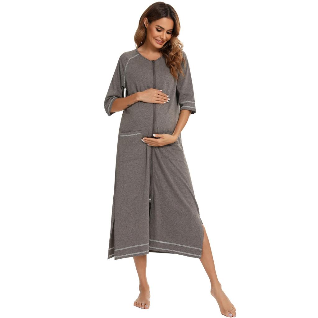 Cremallera Ropa de Dormir para Mujer Pijama Vestido de Maternidad Manga 3/4 Lactancia Bebé Lactancia Camisón Vestido de Embarazo