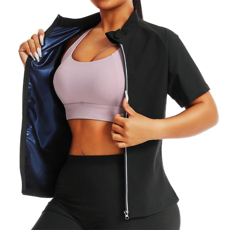 MrifDila Women Sauna Suit Jackets Body Shaper Sweating Short Sleeve Sweat Suit Gym Sweating Top Full Zip Up Sweat Jackets Heat