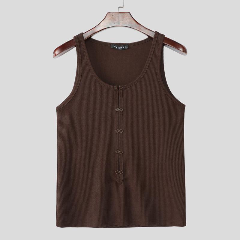 

INCERUN Summer Men s Sleeveless Strap Hollow Out Fitted Rib Vest Tank Tops 3XL коричневый