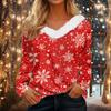 Top Navideño Estampado para Mujer con Mangas Largas, Cuello en V y Cuello de Peluche