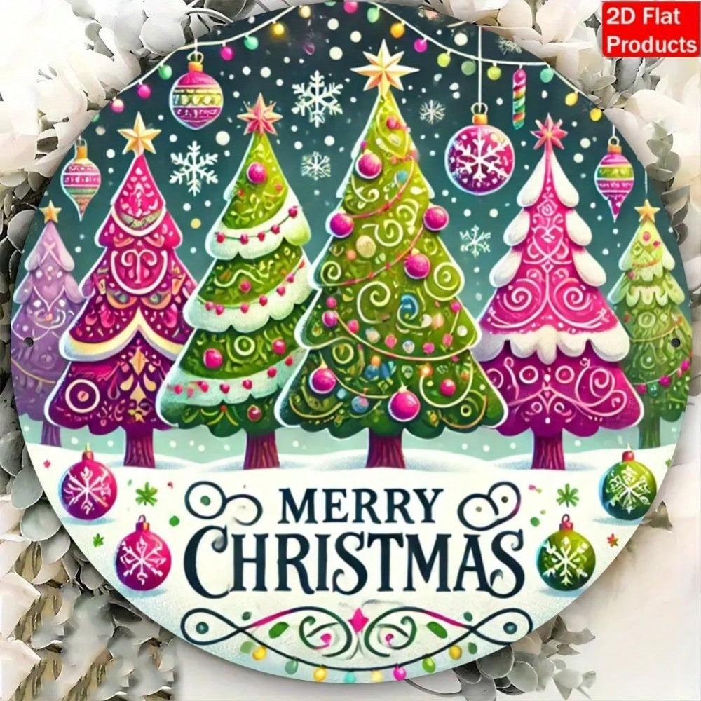 Metal Wall Art Merry Christmas Sign Vintage Pink Wreath Snowflake Rustic Holiday Decor Outdoor Indoor Weatherproof Gift