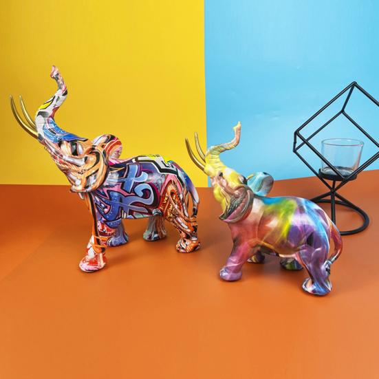 Creative Elephant Shape Statue Graffiti Pattern Good Luck Figure Synthetic Resin Display Mold Office Decor