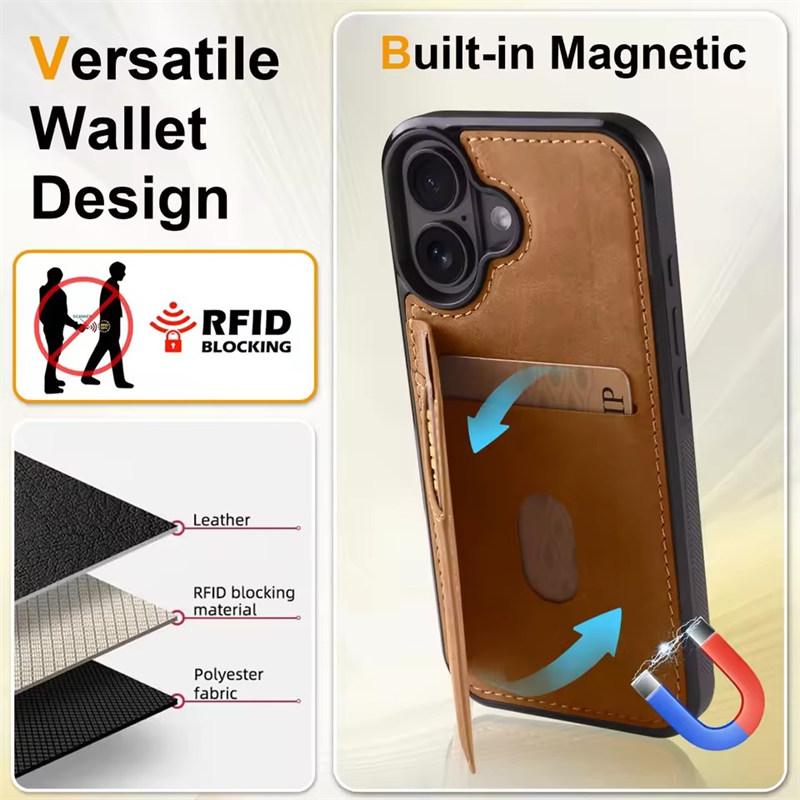 Business Flip Leather Case for iPhone 17 Air 16E 16 15 14 13 12 11 Pro Max Plus Mini Built-in Magnetic Wallet Card Phone Cover