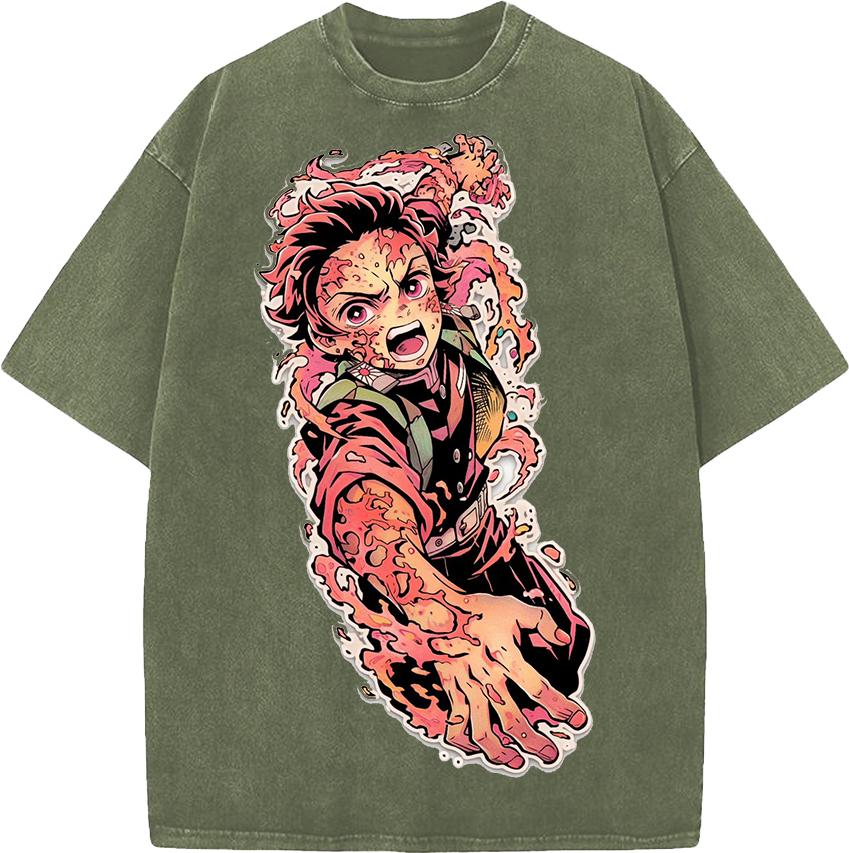 Japan Anime Demon Slayer Kamado Tanjirou Printed Tshirt Men Casual Cotton T-shirts Vintage Washed Tee Harajuku Male T Shirt