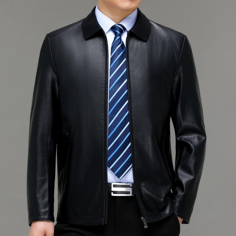 Genuine Leather Jacket Men's Autumn Velvet Lapel Business Casual Leather Top Middle-aged Dad Thin Leather Jacket