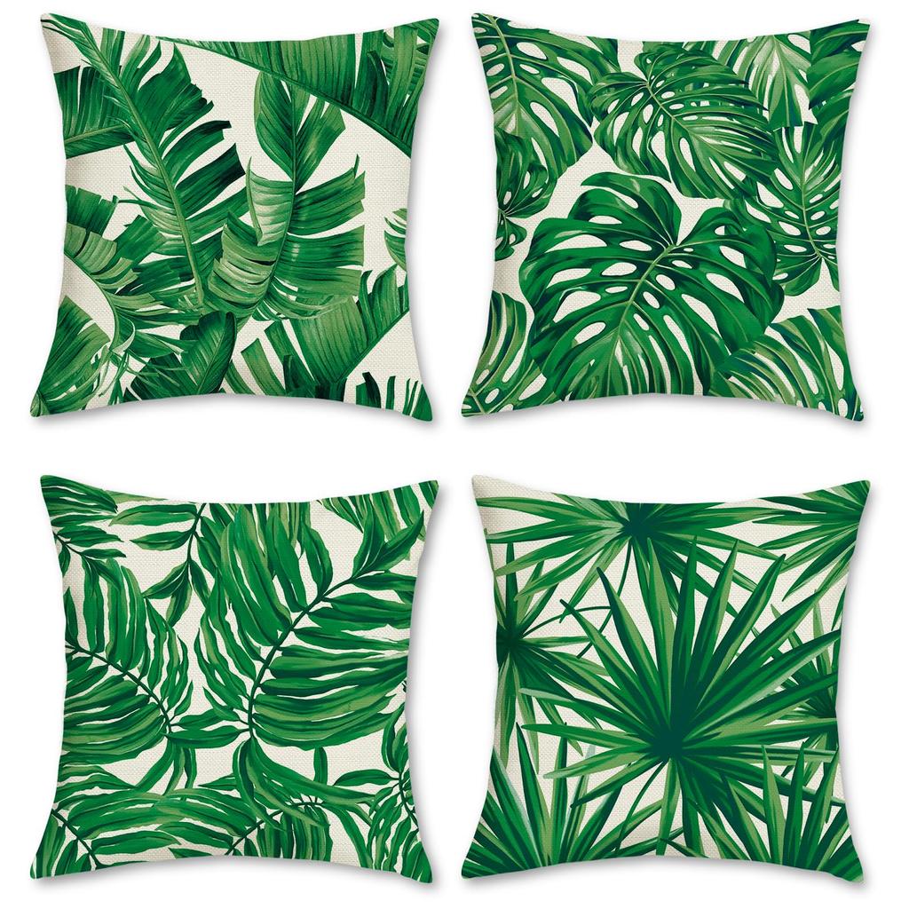 4Pcs Tropical Leaf Cushion Covers, Vibrant Green Monstera & Palm Print Pillow Cases For Sofa Bedroom Living Room 45X45Cm