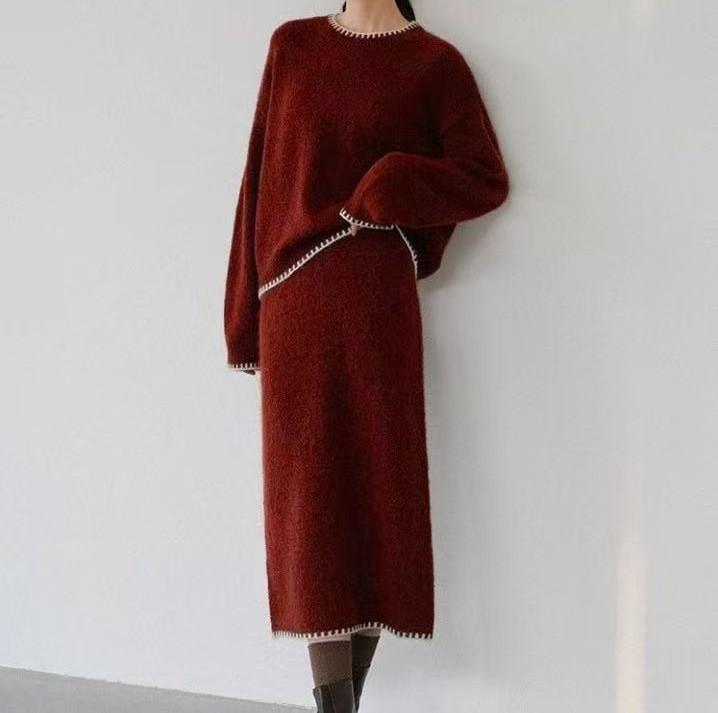 Europäisches und amerikanisches weich-wachsiges Herbst- und Winter-Strickanzug-Set für Damen, Rundhalsausschnitt, neuer weich-wachsiger lockerer Pullover + Rock Zweiteiler