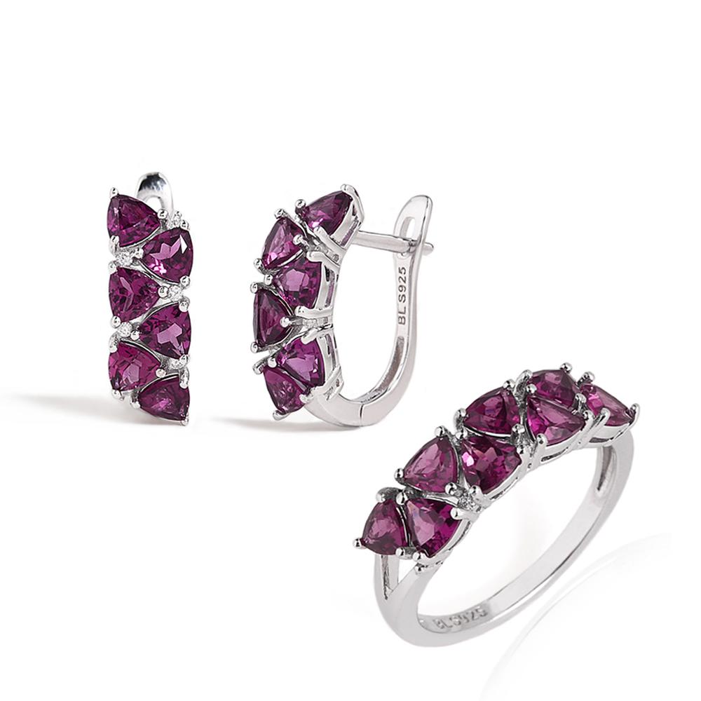 

Кольцо и серьги из стерлингового серебра 925 пробы с натуральным треугольным родолитом 4,22 карата, 4,0 мм, набор изящных ювелирных изделий для женщин для повседневной носки и вечеринок US RING SIZE:9# фиолетовый