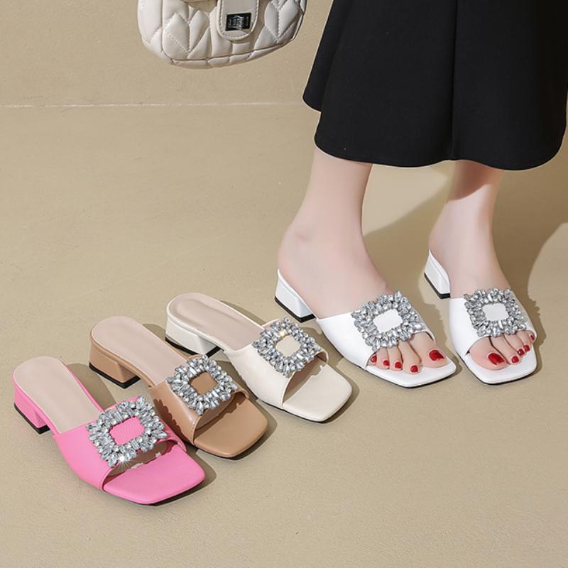 Women Sandals Summer New High Heel Square Head Open Toe Rhinestone Sandals Casual Comfort Simple Square Shoes Sandalias De Mujer