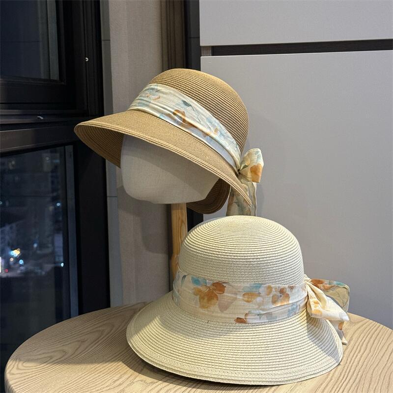 Summer French idyllic bow straw hat women's vacation sunshade sun protection hat seaside outing wide brim fisherman hat
