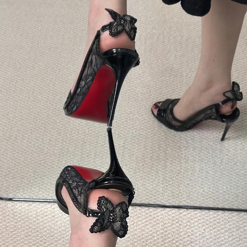 25 New red-soled high heels bow sexy mesh lace open-toed sandals stiletto single shoes women