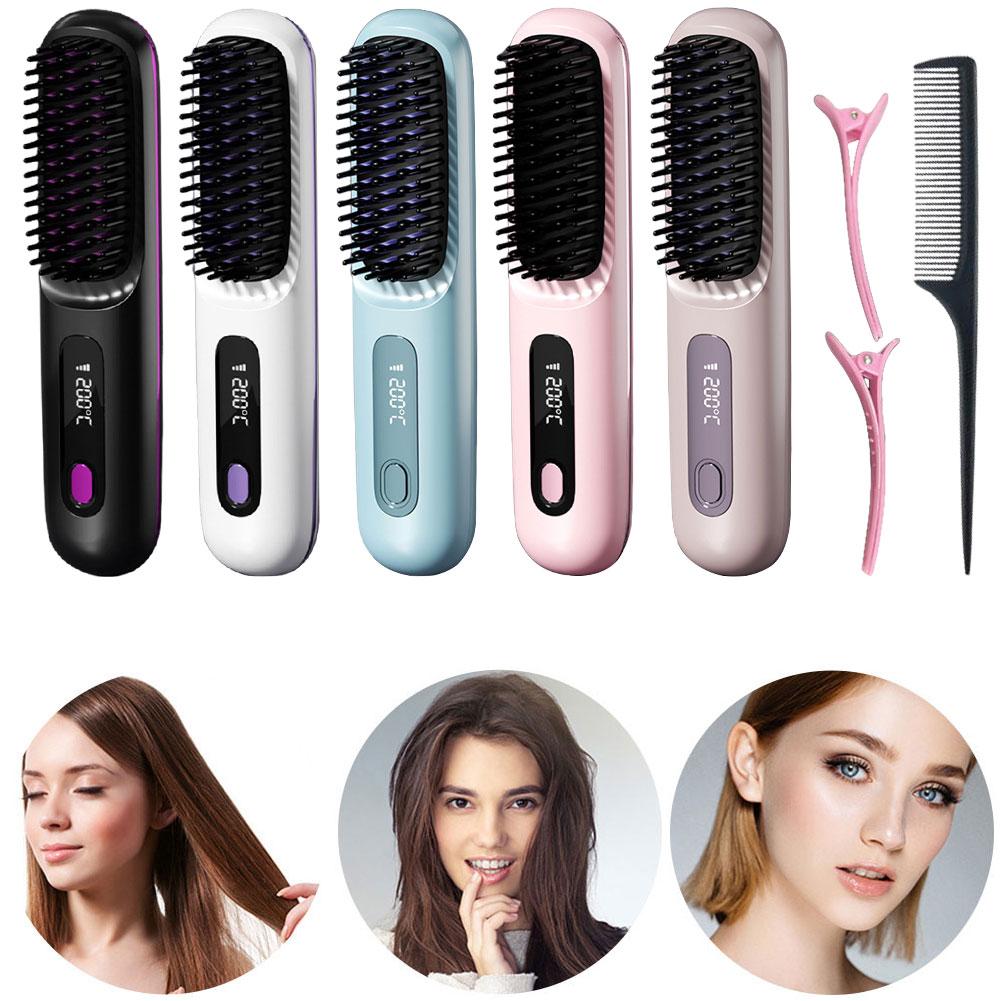 LCD Cordless Hair Straightener Brush Anti-Scald Electric Hot Comb 3 Temp Settings USB Recharing Electric Hair Straightener Comb