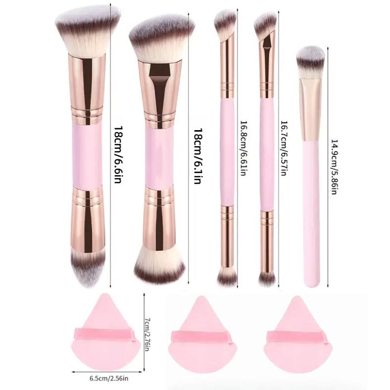 5 Double-Ended Makeup Brushes: Foundation, Blush, 3-Color Contour, Soft Bristle, Loose Powder, Beauty Tool Set