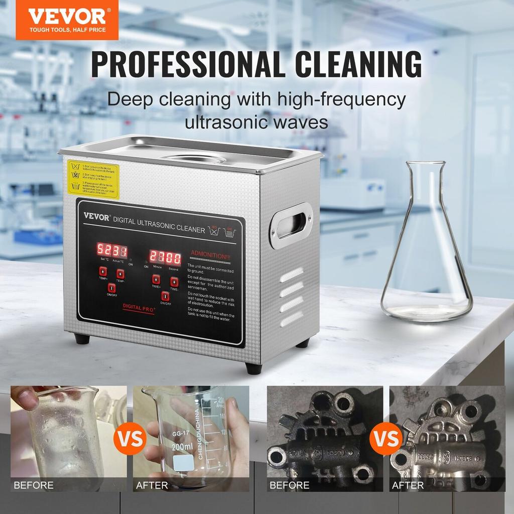 Ultrasonic Cleaner with Digital Timer & Heater, Professional Ultra Sonic Jewelry Cleaner, Stainless Steel Heated Cleaning Machine for Glasses Watch