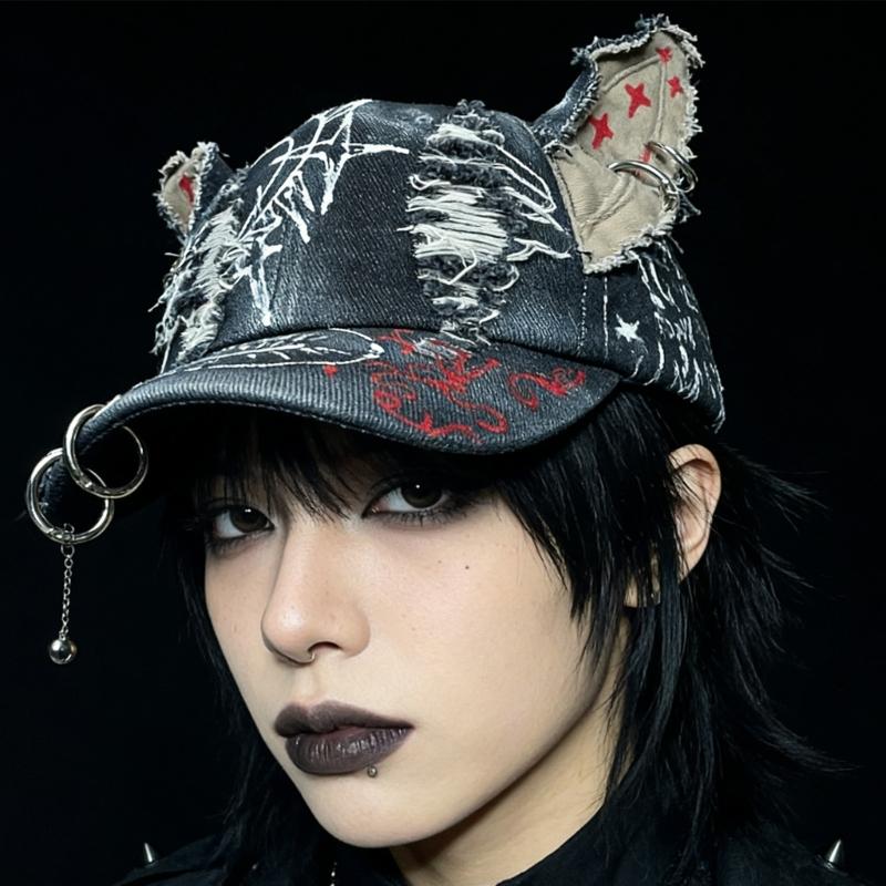 2000s Punk Baseball Cap With Animal Ear And Distressed Lookings Metal Rings Hat For Bold Fashion Statement